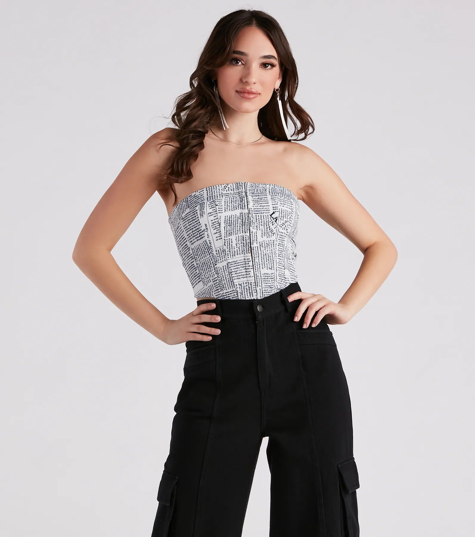 Big Savings In Other News Lace-Up Newspaper Corset Top