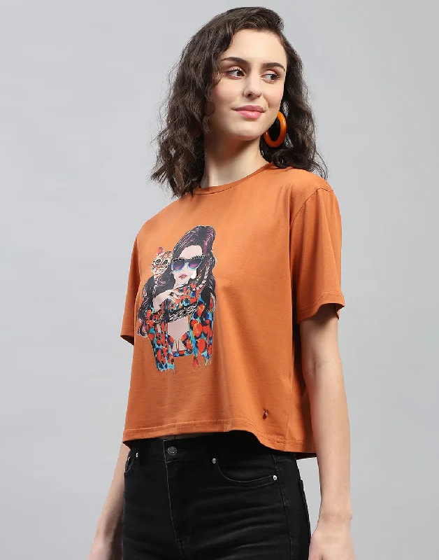 Weekend Discounts to Delight Women Tan Printed Round Neck Half Sleeve Top