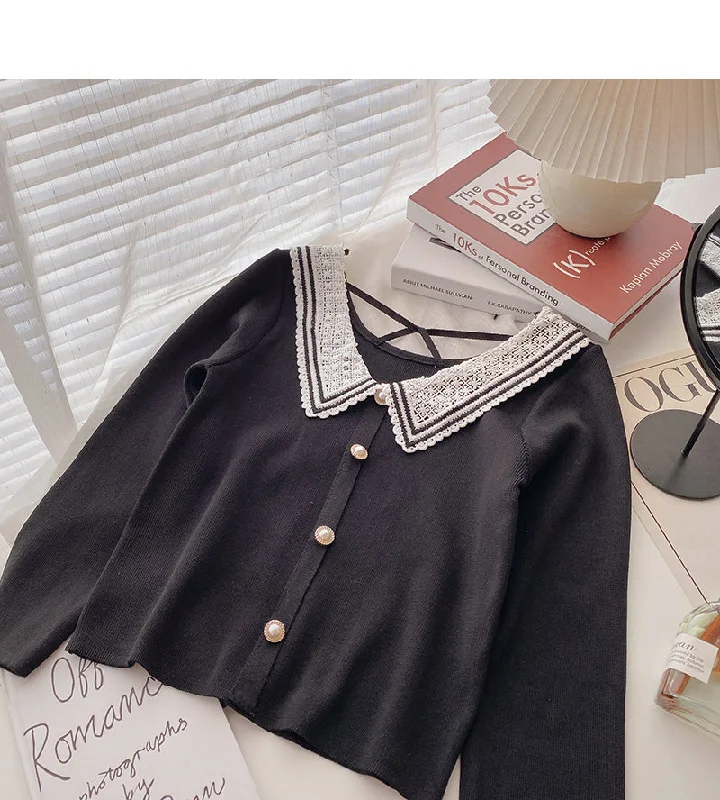 Weekend Discounts to Delight Lace Baby collar stitching design pearl buckle Pullover Sweater 6637 Weekend Discounts to Delight Lace Baby collar stitching design pearl buckle Pullover Sweater 6637