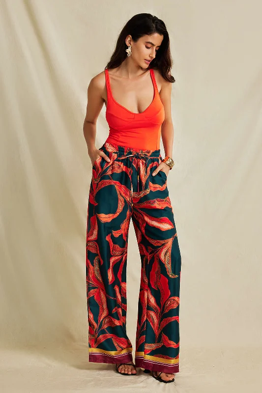 Deal of the Day Leaf Print Drawstring Wide Leg Pants