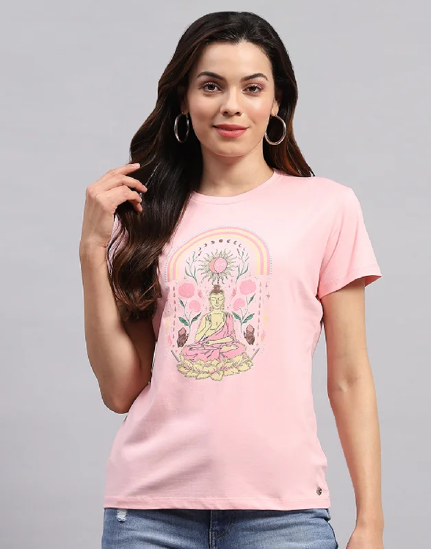 Weekend Wonders Await! Women Pink Printed Round Neck Half Sleeve Top