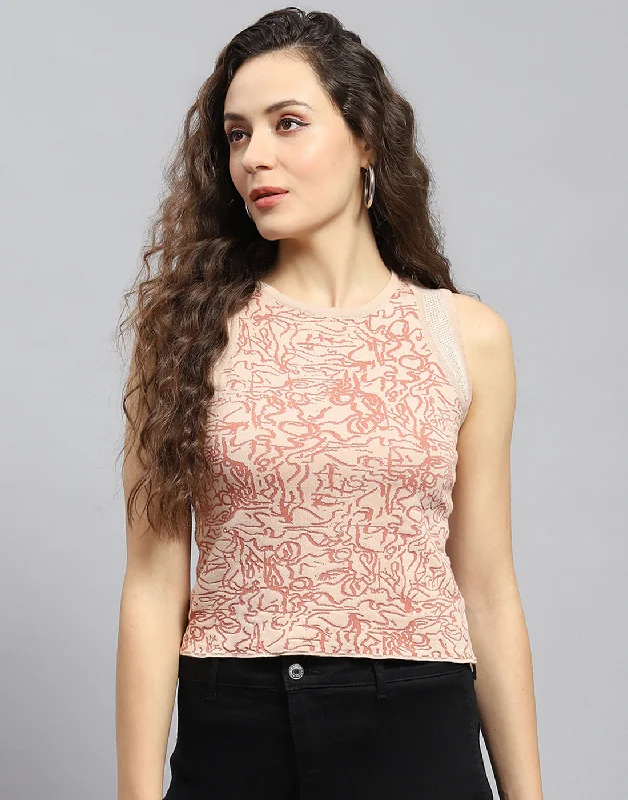 Year-End Sale Women Pink Printed Round Neck Sleeveless Top