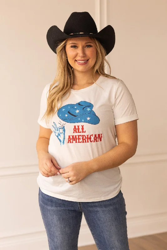 Year-End Sale 'All American' on Vanilla Bean White Cuffed Tee
