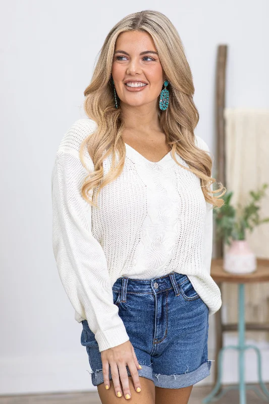 Deal of the Week Ivory V-Neck Cable Knit Sweater