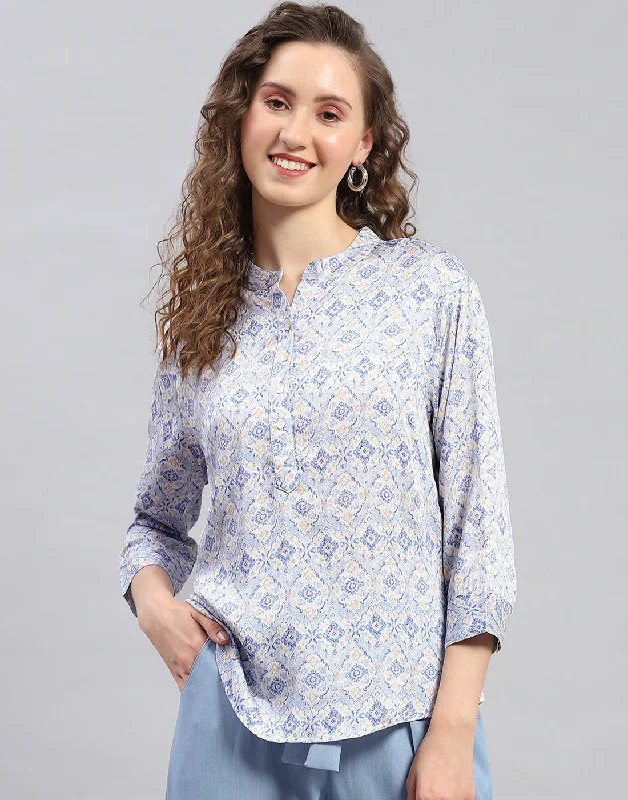 Deal Alert Women Sky Blue Printed  Mandarin Neck 3/4 Sleeve Top