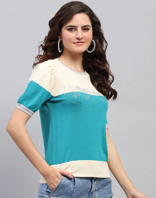 Limited Quantity Women Cream Colourblocked Round Neck Half Sleeve Top