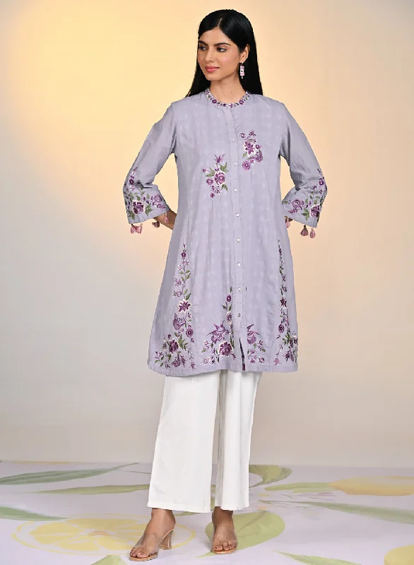 Price Rollback Zaheen Lavender Embroidered Cotton Jacquard Tunic for Women