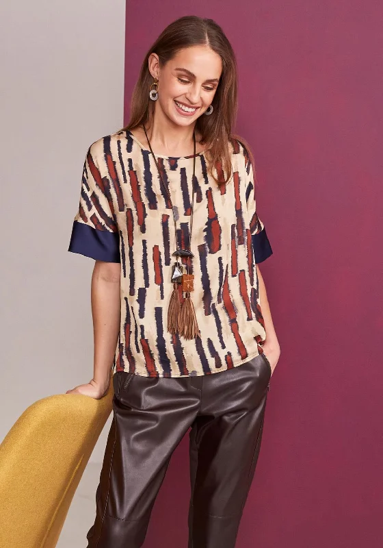 Crazy Deal Naya Printed Satin Contrast Cuff Top, Beige & Navy