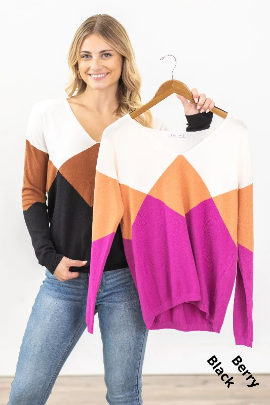 Deep Discounts Colorblock Geometric Print V-Neck Sweater