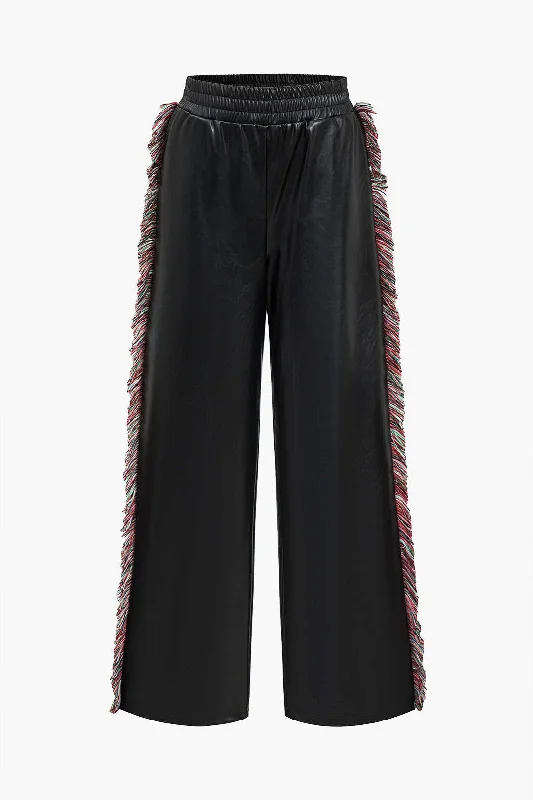 Hot Buy Solid Faux Leather Trousers With Fringe