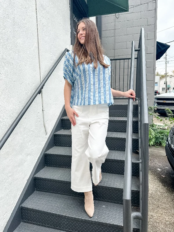 Savings Soar This Weekend Seersucker Stripe Elastic Sleeve Top