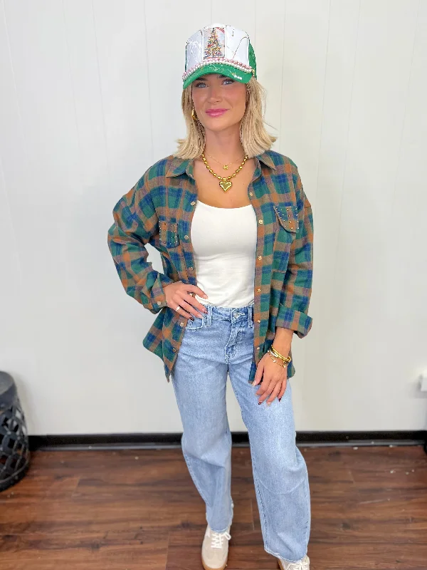 Act Now Flannel Fling Button Up Top - H. Green