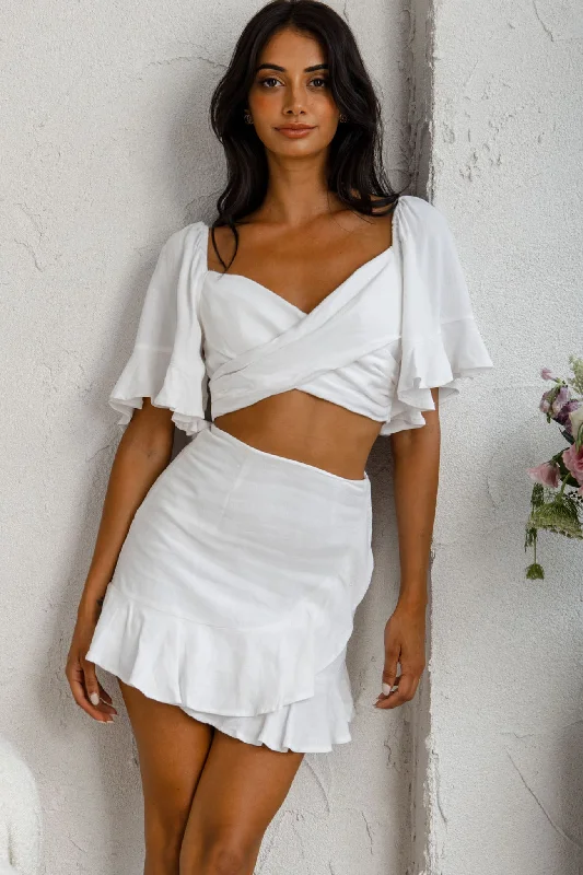 Massive Savings Hand In Mine Crossover Bodice Bell Sleeve Crop Top White
