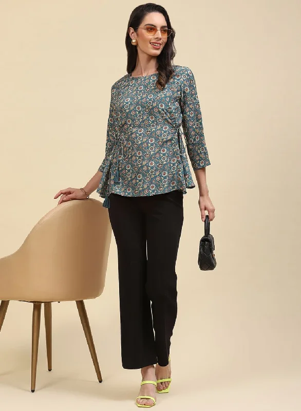Steals and Deals Women Teal Blue Printed Top