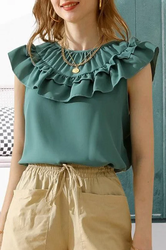Final Markdown RUFFLED FRILL ROUND NECK CHIFFON TUNIC TOP