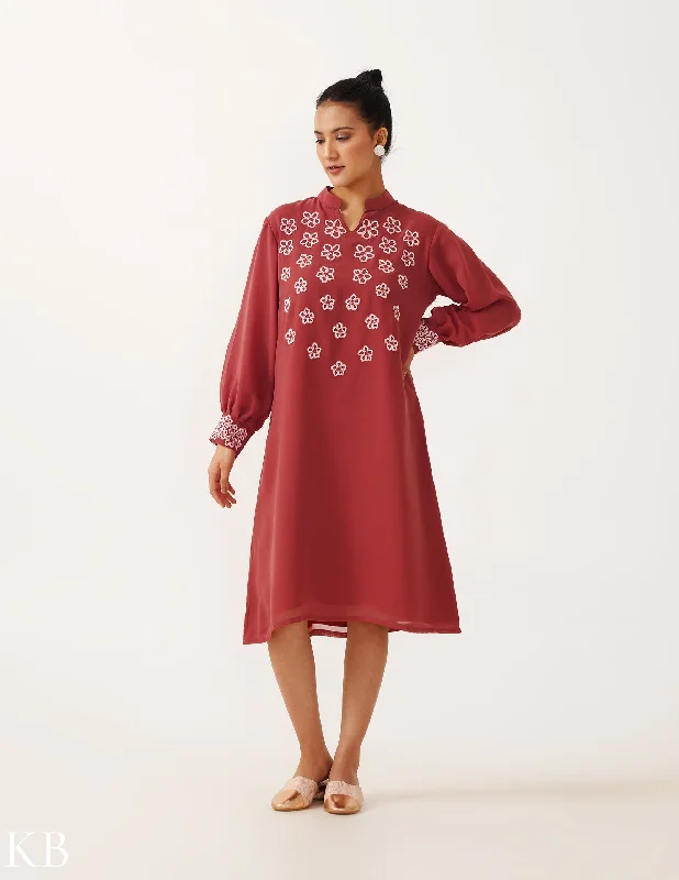 Midnight Sale Berry Artisanal Embroidered Blush Balloon Sleeves Georgette Tunic