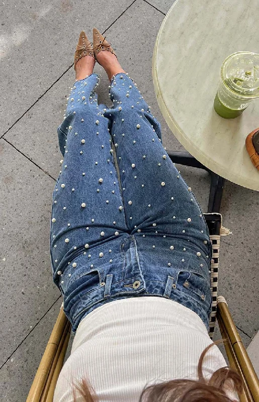 Exclusive Offers Denim Dazzle Pearl Mid Wash High Waisted Jeans