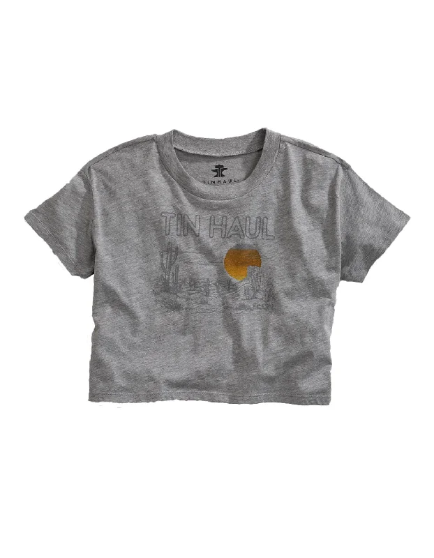 Savings Bonanza Tin Haul Womens Grey Cotton Blend Desert Scenery S/S Crop T-Shirt