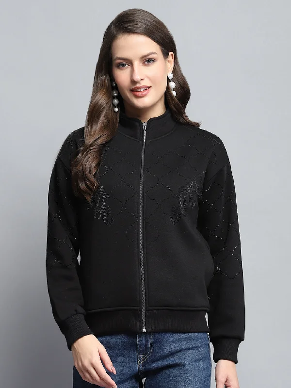 Best Bargains Women Black Printed Mock Neck Full Sleeve Sweatshirt