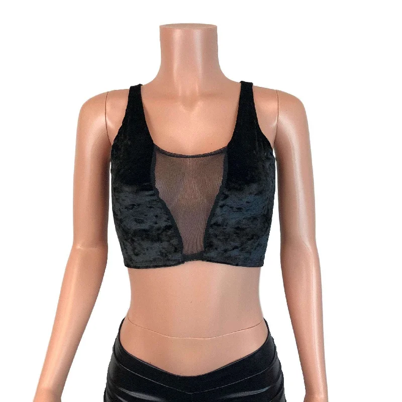 Value Deals Mesh Inset Crop Tank Top - Black Crushed Velvet
