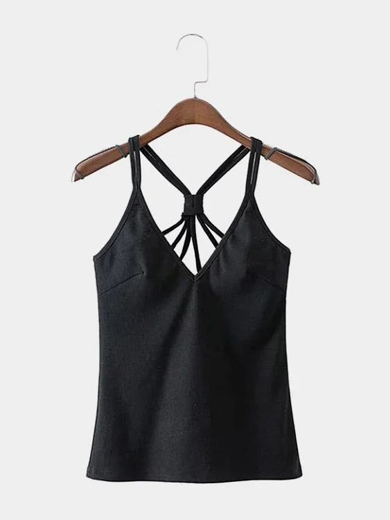 Price Break Custom Plunging Neck Ribbed Strappy Sleeveless Black Camis