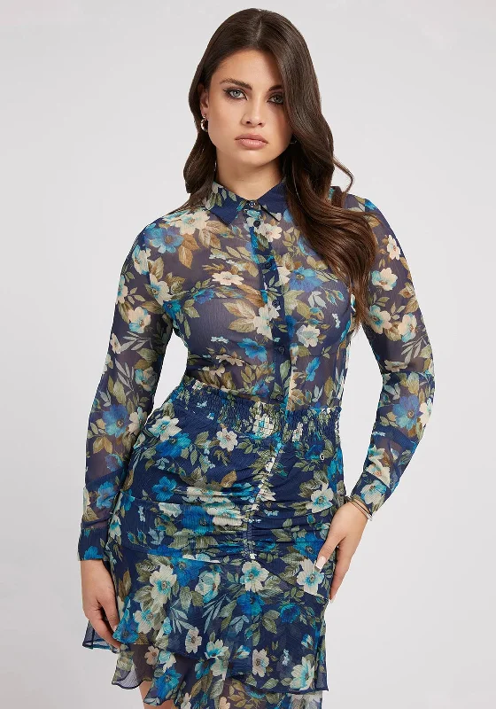 Markdowns Guess Womens Floral Shirt, Navy Multi