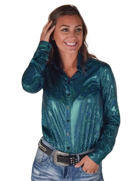 Weekend Discounts to Enjoy Cowgirl Tuff Womens Foil Lightweight Turquoise Polyester L/S Shirt