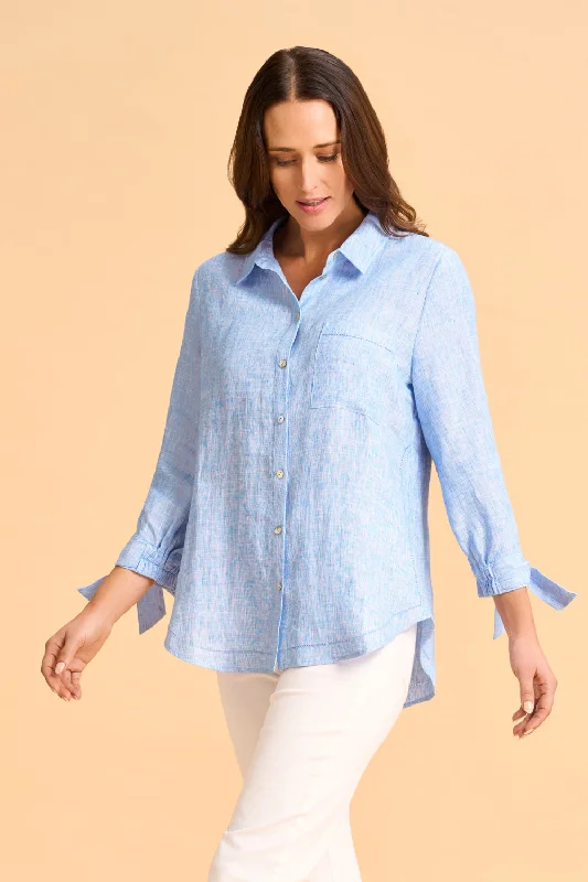 Weekend Offers That Shine Tie Sleeve Linen Shirt - Chambray Cross Dye