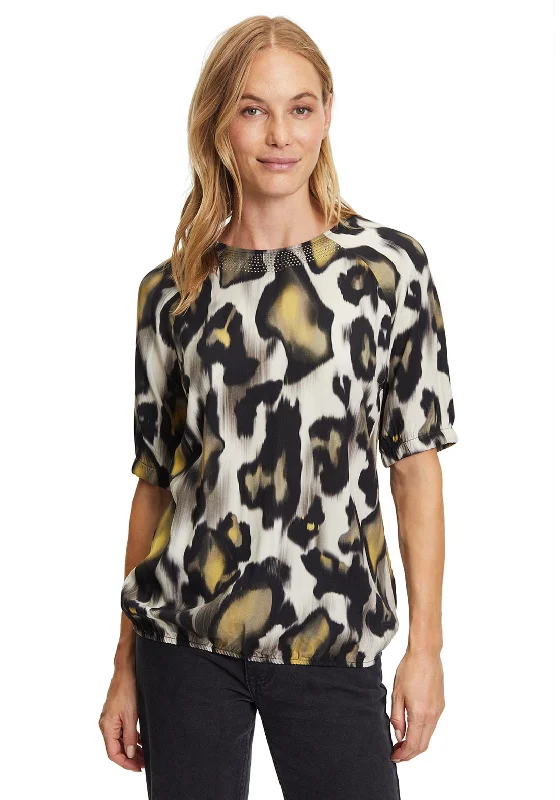 Doorbuster Deal Betty Barclay Rhinestone Neck Animal Print Top, Black Multi