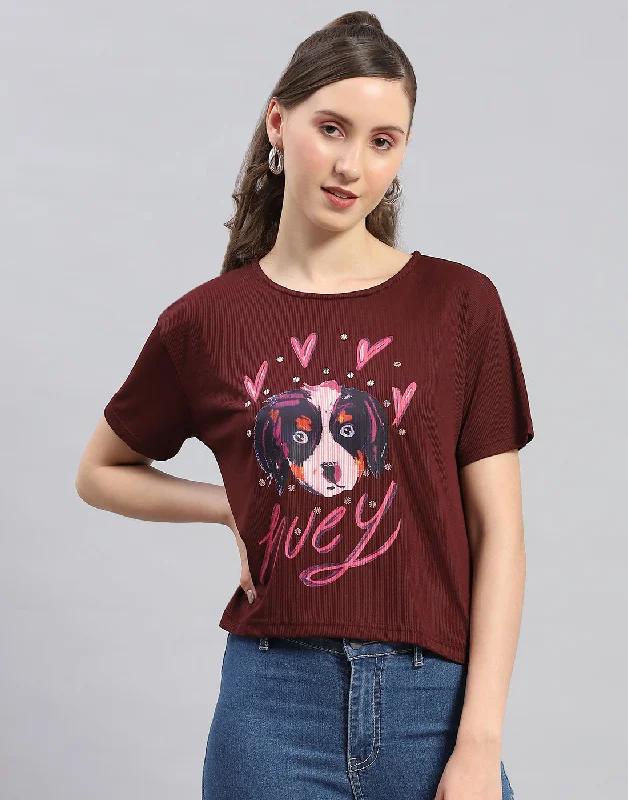 Instant Savings Women Maroon Printed Round Neck Half Sleeve Top