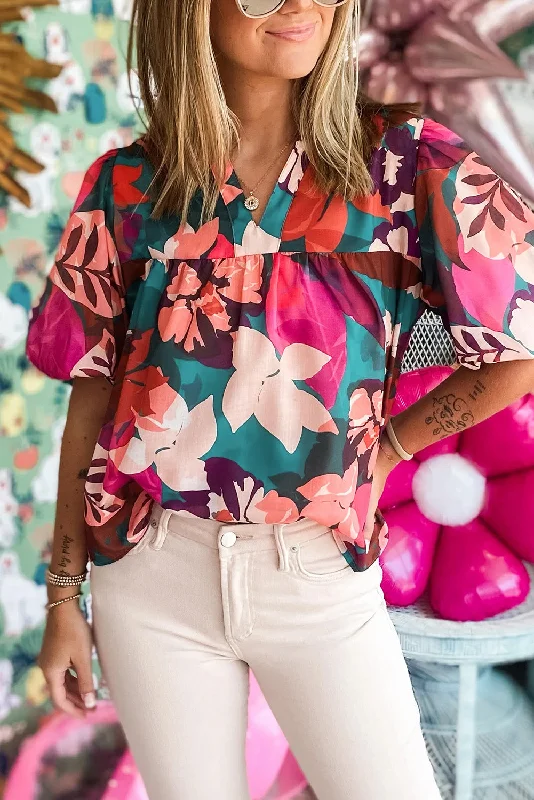 Weekend Wonders Await! Rose Red Floral Print V Neck Lantern Sleeve Blouse