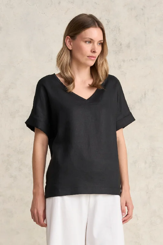 Weekend Deals That Thrill Linen Mix V-Neck Top - Black