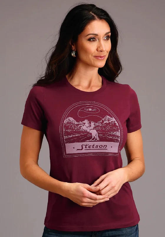 Limited Availability Stetson Womens Maroon 100% Cotton Cowboy Lasso S/S T-Shirt