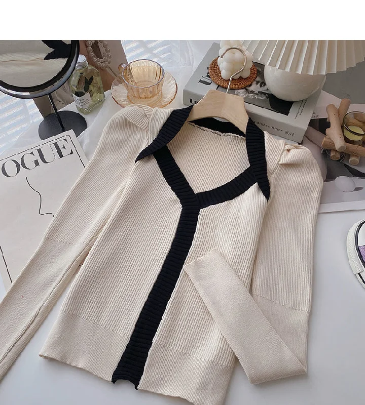 Early Bird French Vintage T-shirt thin color block small square neck long sleeve top  6606