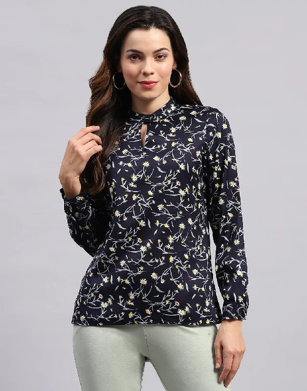 Unmissable Offer Women Navy Blue Printed Band Collar Full Sleeve Top