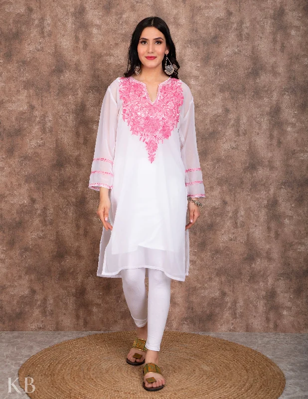 Weekend Deals That Dazzle Powdered White Aari Embroidered Georgette Kurti