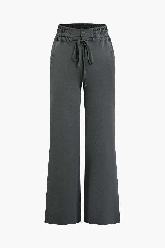 Super Bargain Solid Pocket Drawstring Tie-Up Trousers