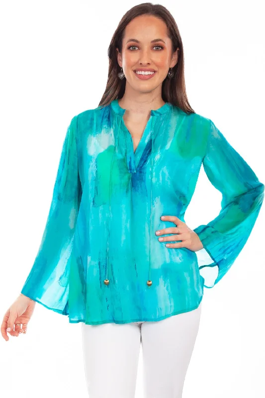 Deep Discounts Scully Womens Artful Tie-Dye Aqua Rayon L/S Blouse