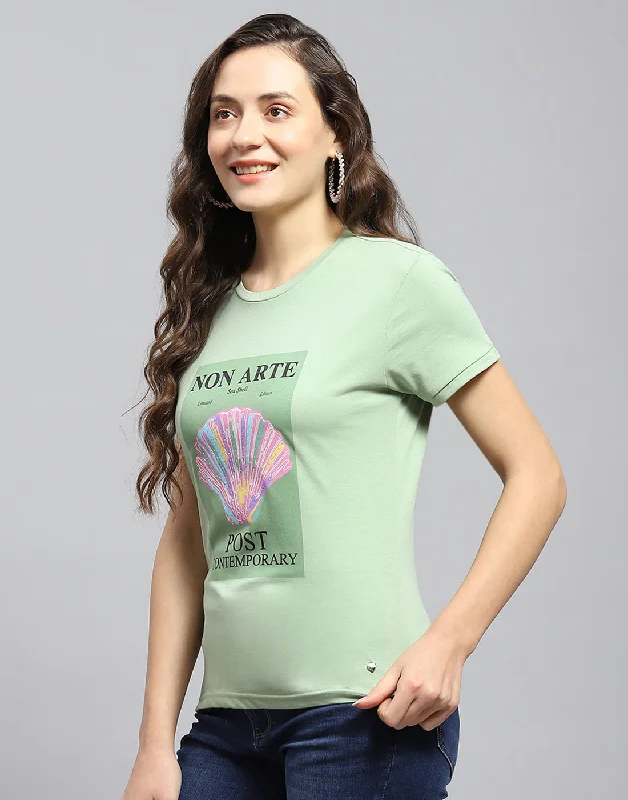Unmissable Offer Women Green Printed Round Neck Half Sleeve Top