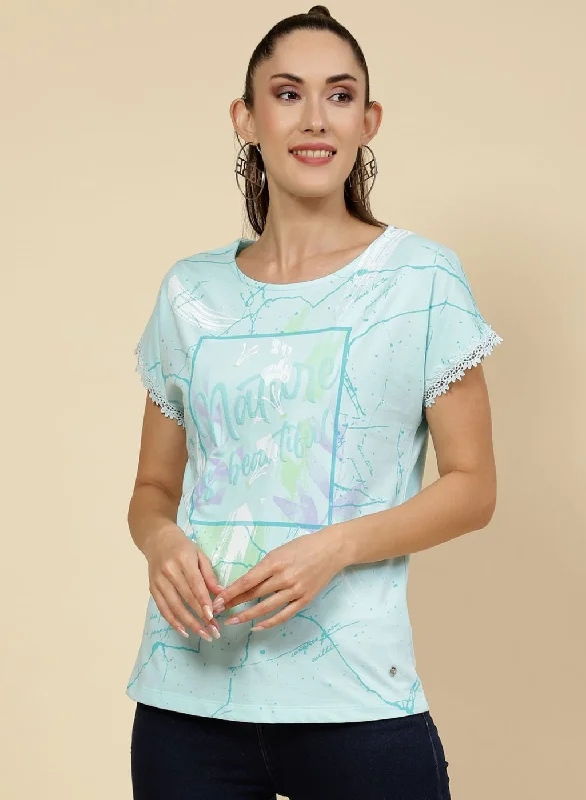 Now or Never Women Aqua Blue Printed Top