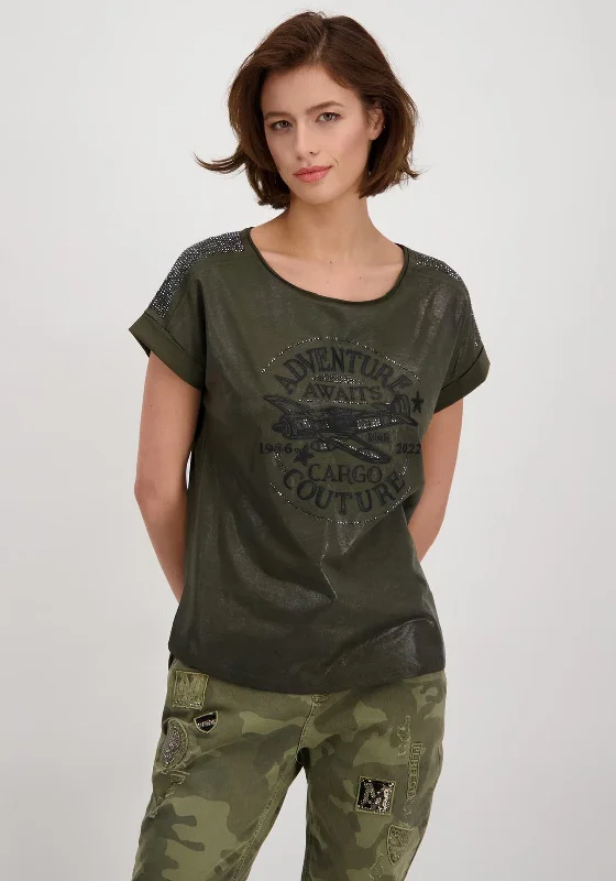 Closeout Monari Rhinestone High Shine T-Shirt, Khaki