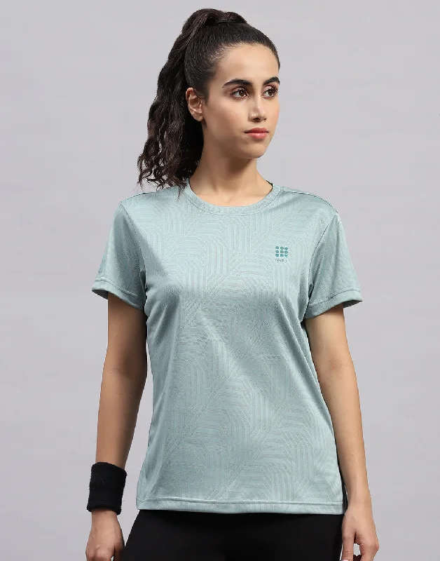 Special Discount Women Green Self Design Round Neck Half Sleeve Top