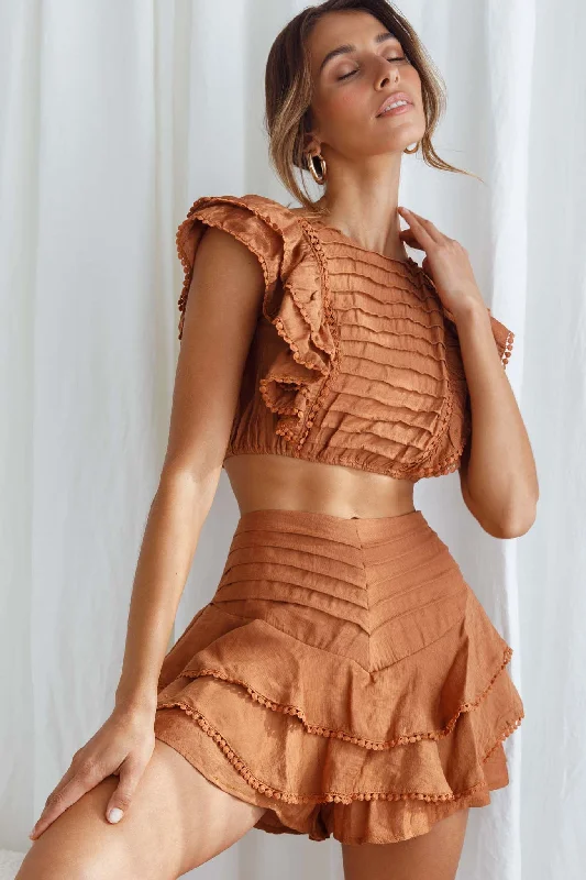 Midnight Sale Wild And Free Pintuck Pleat And Ruffle Crop Top Tan