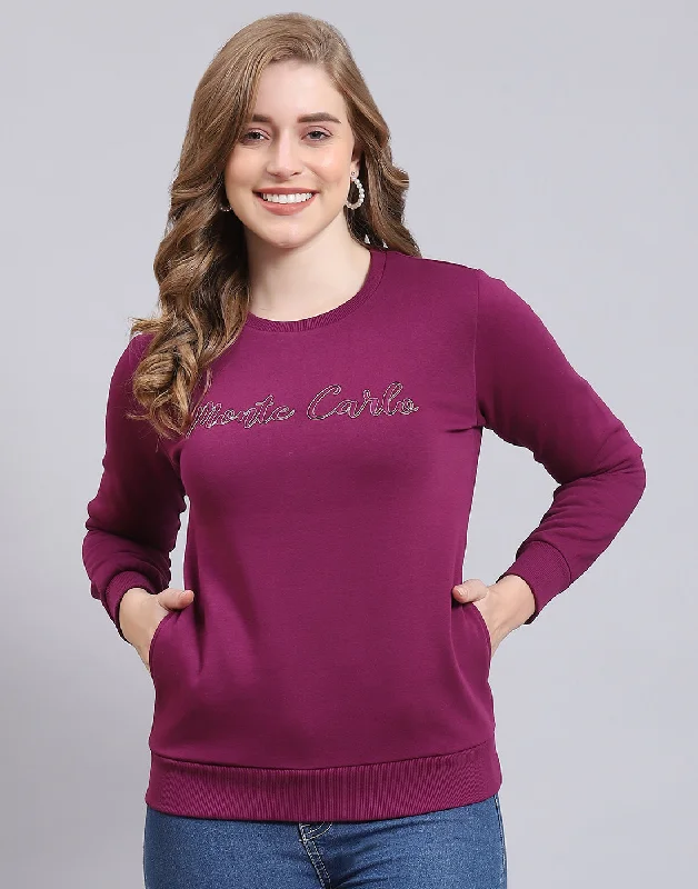 Year-End Sale Women Purple Embroidered Round Neck Full Sleeve Sweatshirt