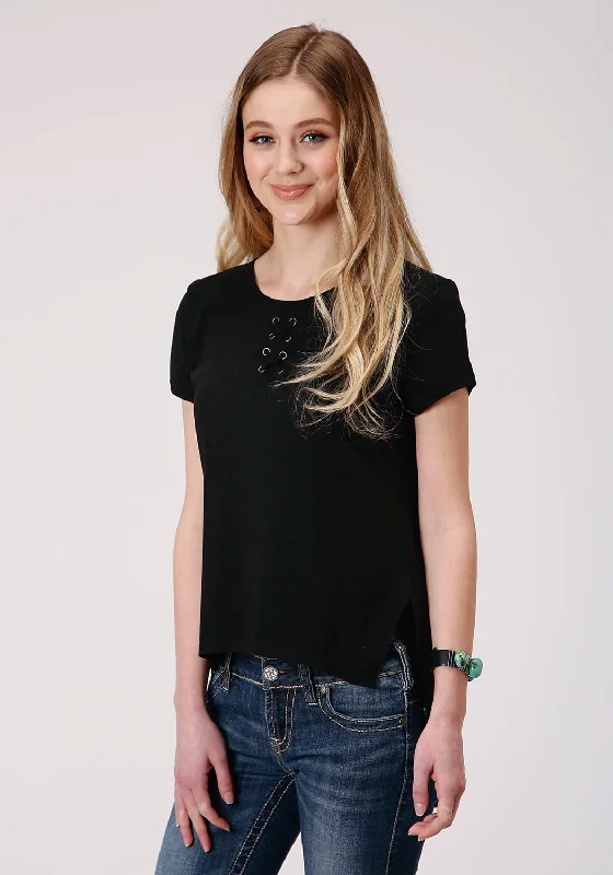 Deal Alert Roper Womens Black Poly/Rayon Self Cross Straps S/S T-Shirt