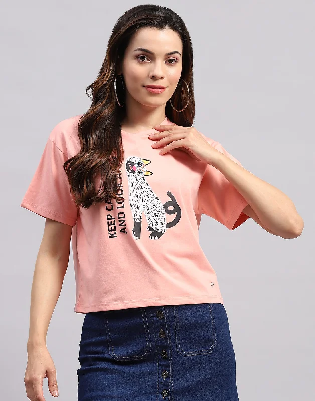 Weekend Price Cuts Galore Women Peach Printed Round Neck Half Sleeve Top