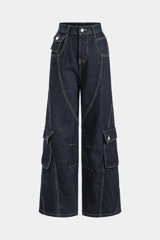 Clearance Event Denim Pocket Button Wide Leg Cargo Jeans