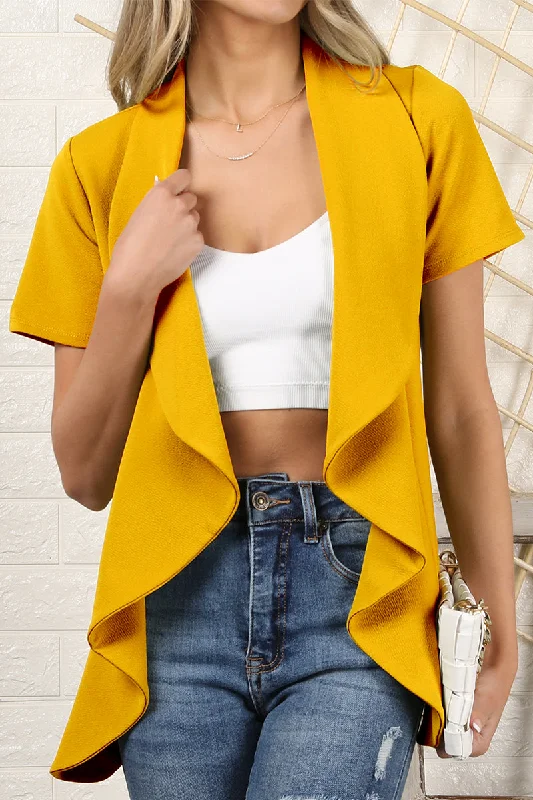 Weekend Shopping Bliss WOMENS SHORT SLEEVE SUMMER BLAZER STRETCH LIGHTWEIGHT OPEN FRONT DRAPED RUFFLES BLOUSES CARDIGAN WITH PLUS SIZE(S-3X)