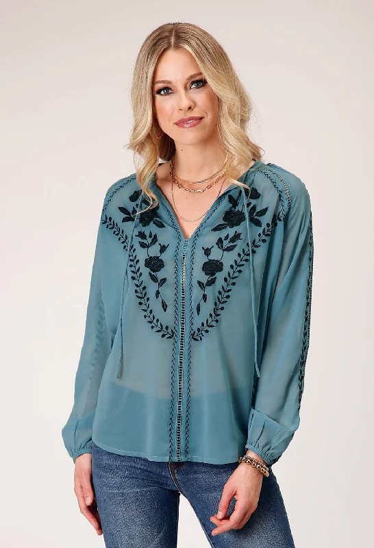Year-End Clearance Roper Womens Sheer Floral Blue 100% Polyester L/S Tunic