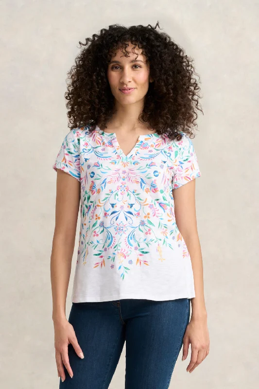 Act Now Notch Neck Cotton Tee - Jeanne Border Print